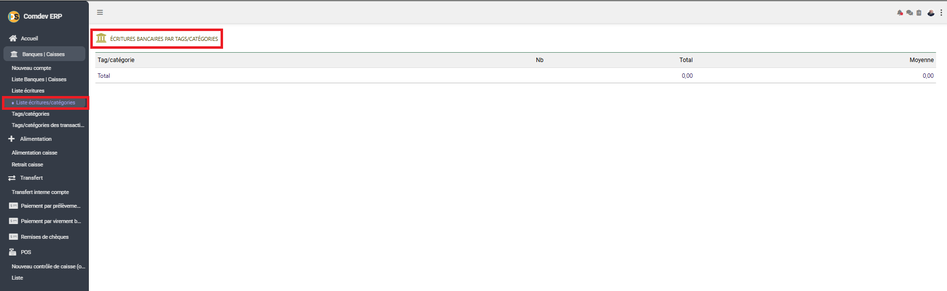Écritures bancaires par Tags et Catégories dans Comdev ERP