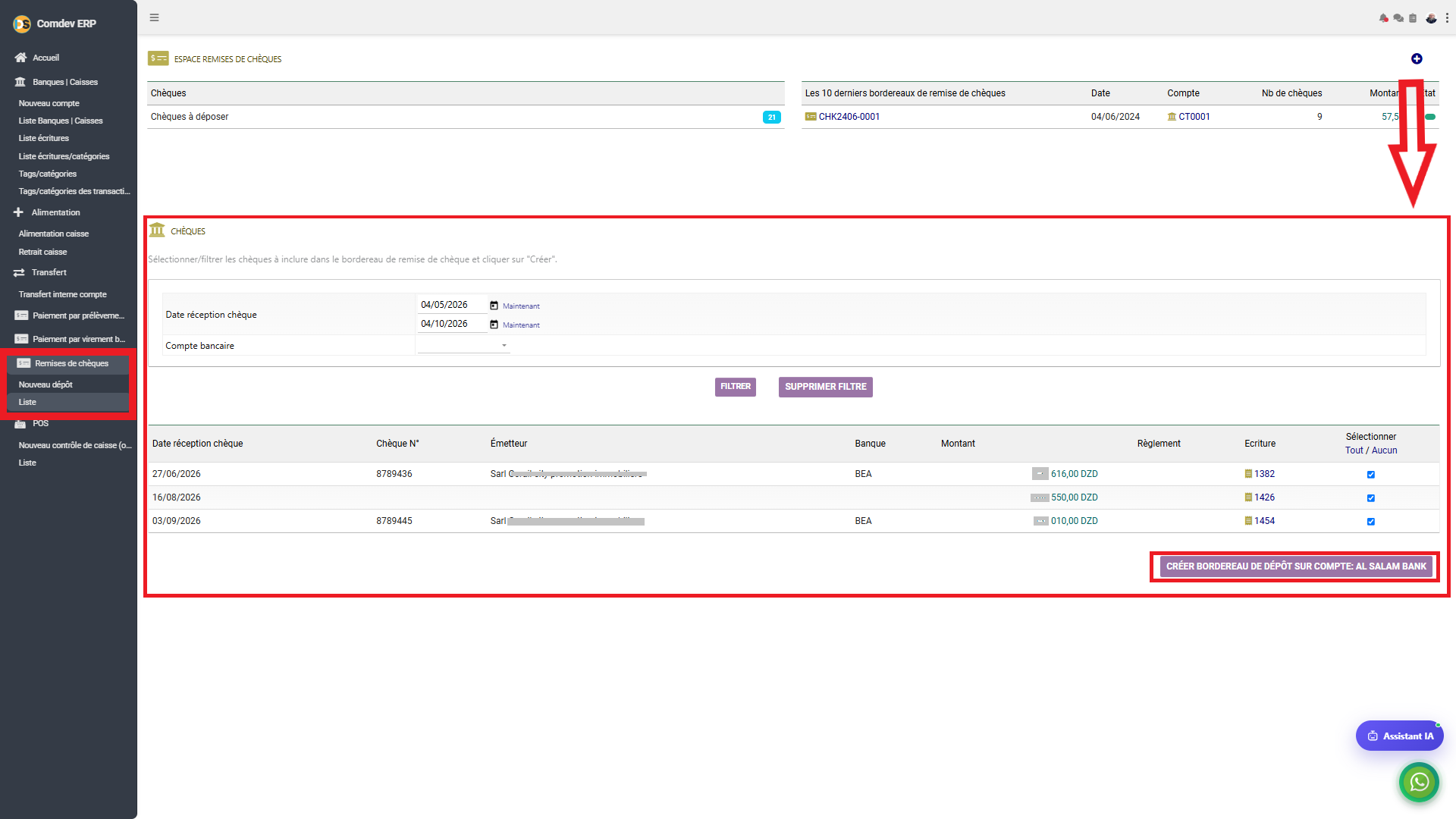 Interface Espace Remises de Chèques dans Comdev ERP