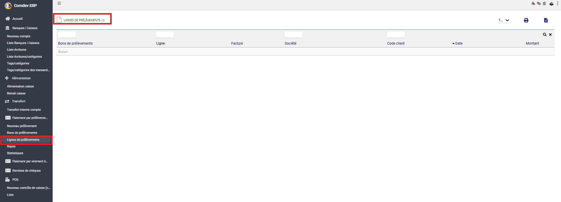 Interface Lignes de prélèvements dans Comdev ERP