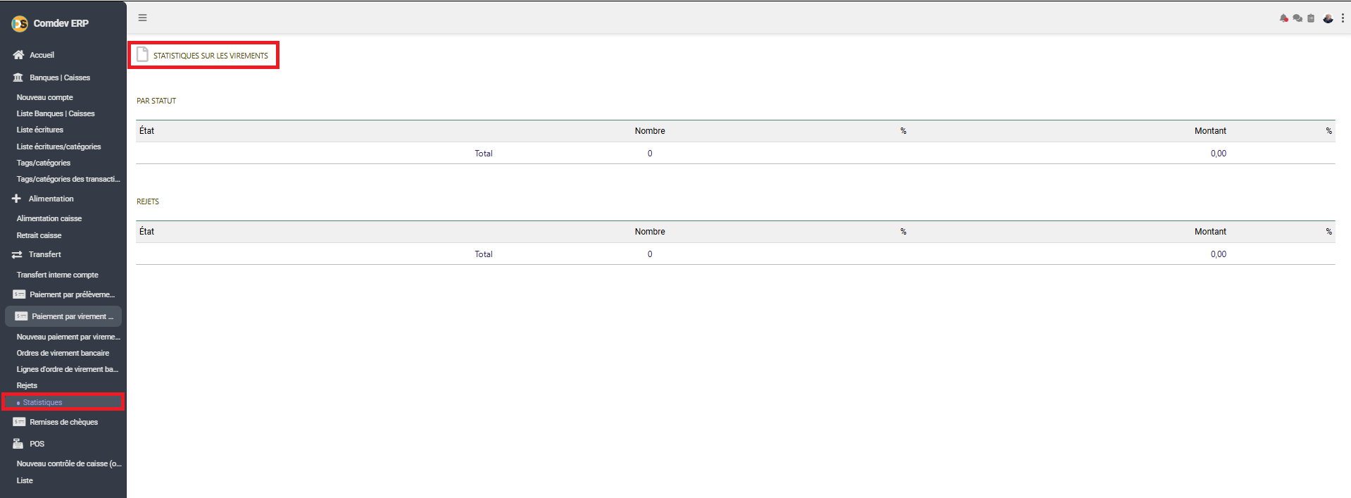 Interface Statistiques sur les Virements dans Comdev ERP
