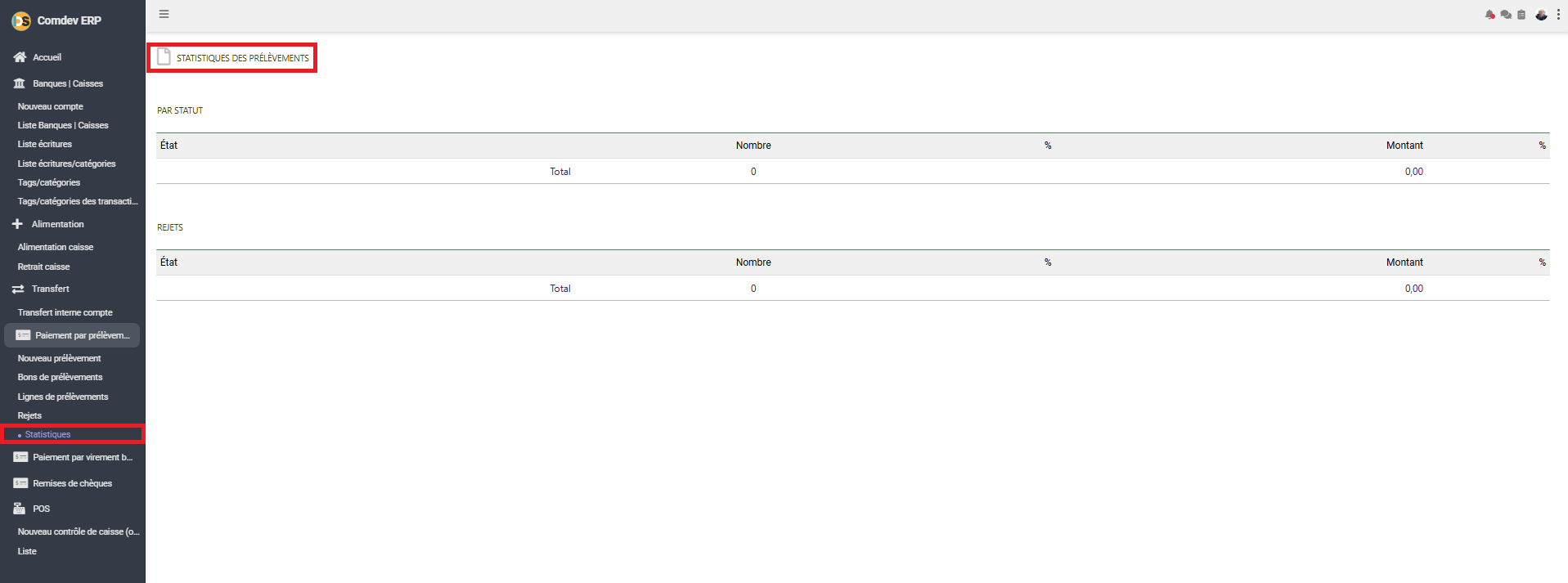 Interface Statistiques des Prélèvements dans Comdev ERP