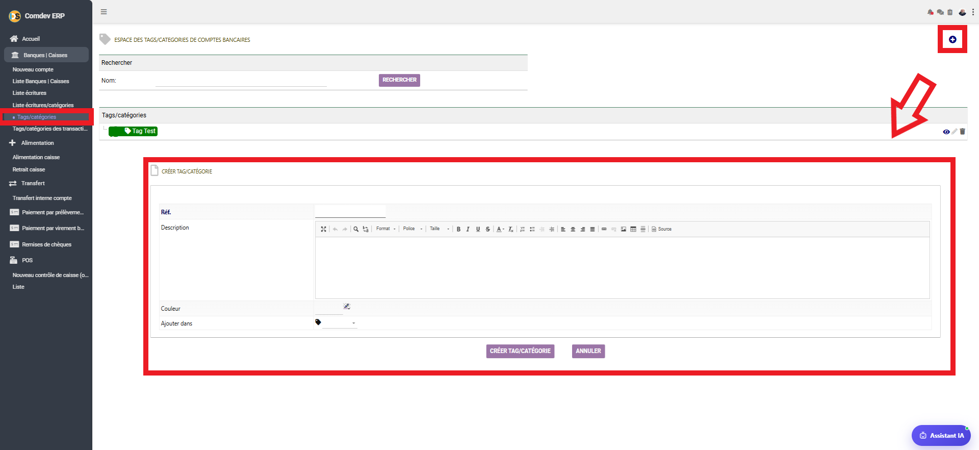 Espace des tags et catégories de comptes bancaires dans Comdev ERP