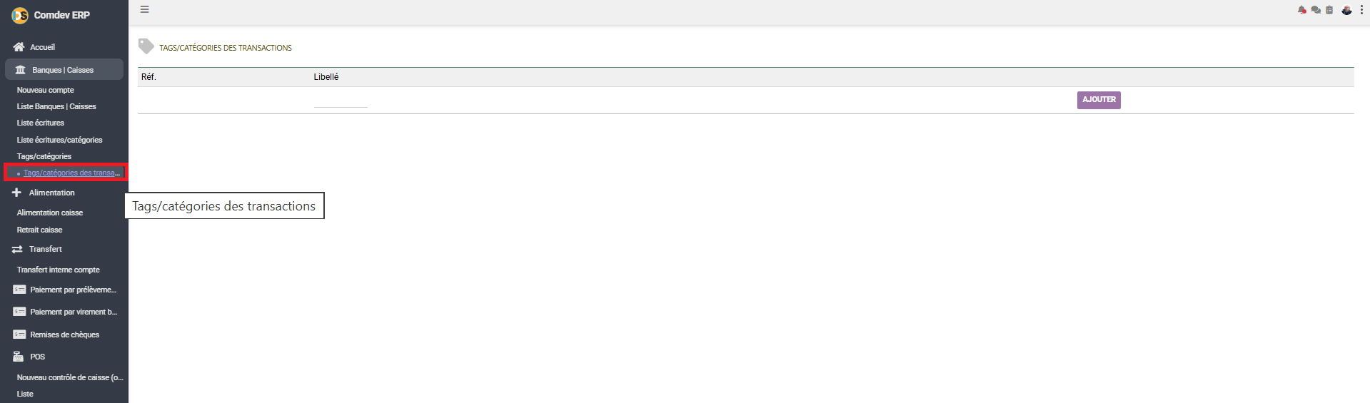 Interface des tags et catégories des transactions dans Comdev ERP
