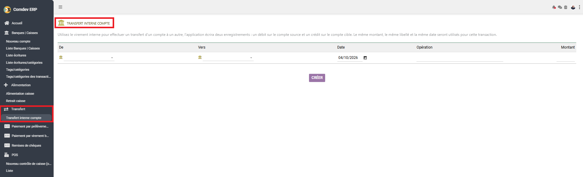 Interface Transfert Interne Compte dans Comdev ERP