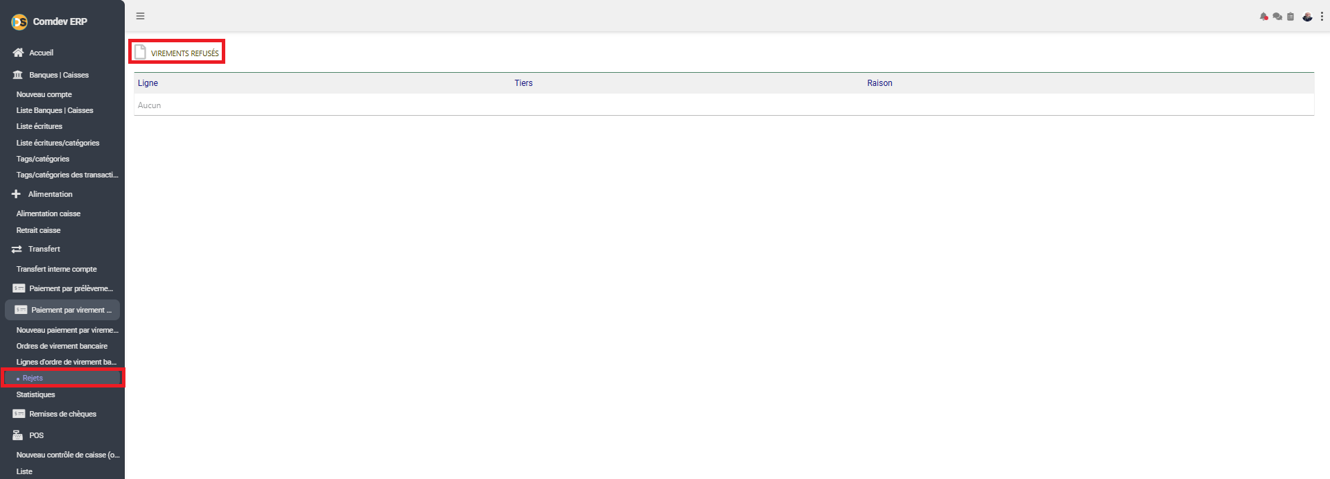 Interface Virements Refusés dans Comdev ERP