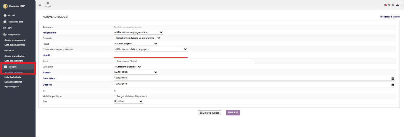Interface Nouveau budget dans le module Budget sous Comdev ERP