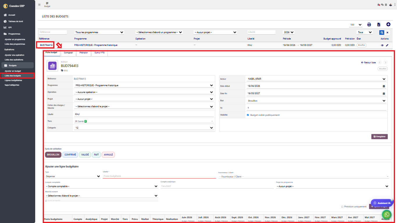 Interface Liste des budgets et fiche budget dans le module Budget sous Comdev ERP