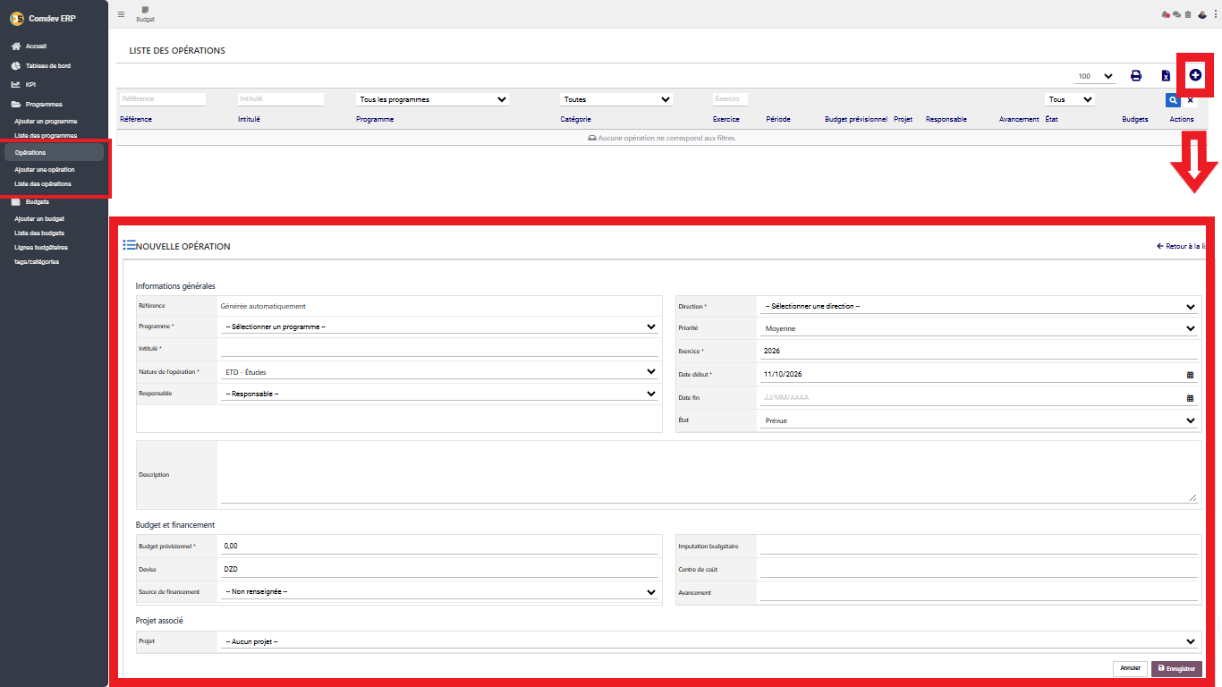Interface Liste des opérations et Nouvelle opération dans le module Budget sous Comdev ERP