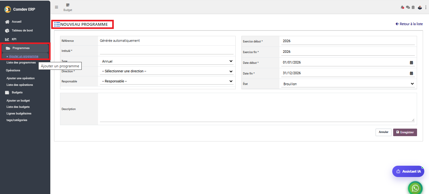 Interface Nouveau programme dans le module Budget sous Comdev ERP