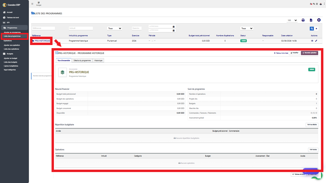 Interface Liste et détail des programmes dans le module Budget sous Comdev ERP