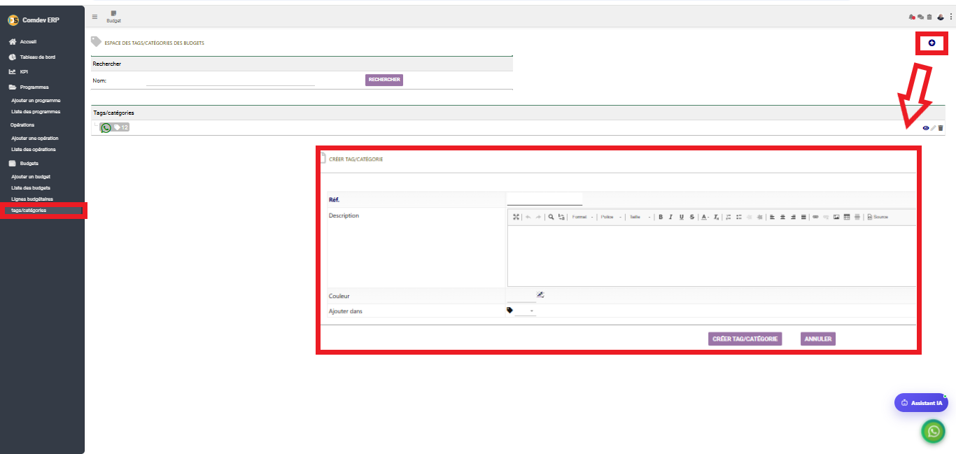 Interface Espace des tags et catégories dans le module Budget sous Comdev ERP