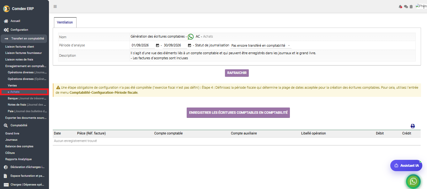 Interface Enregistrement en comptabilité - Achats AC dans le module Comptabilité générale sous Comdev ERP
