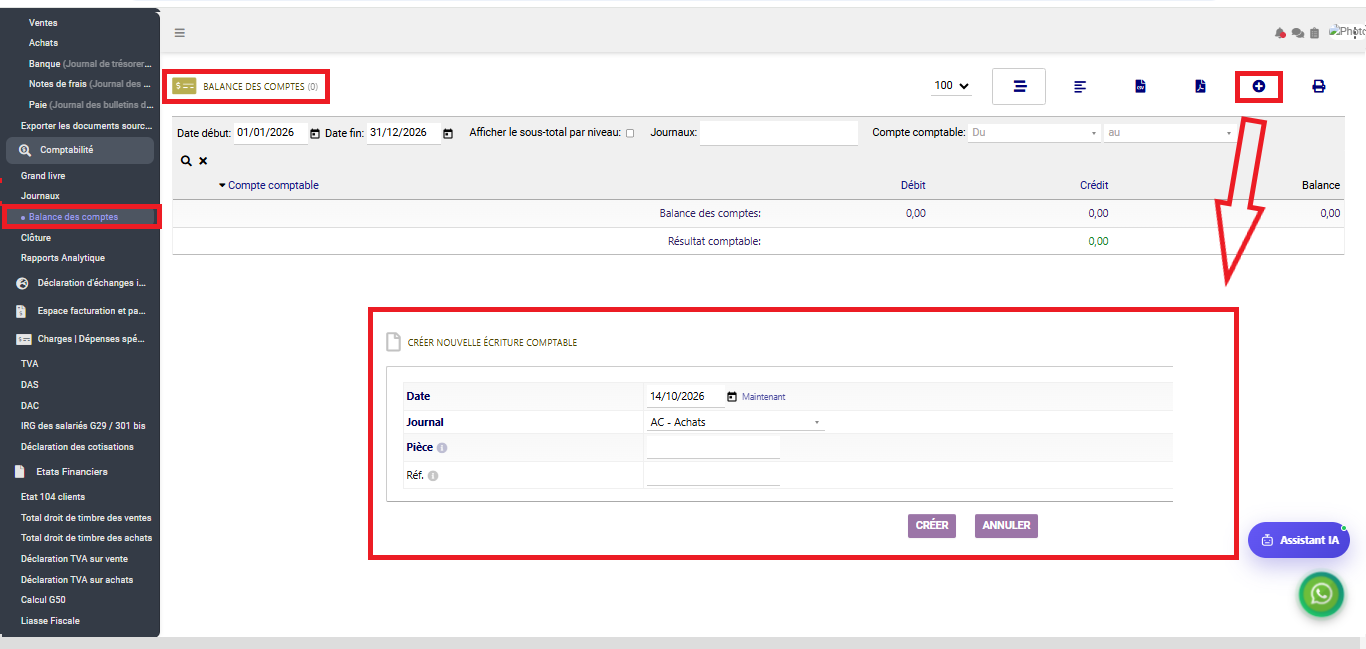 Interface Balance des comptes et création d'écriture dans le module Comptabilité générale sous Comdev ERP