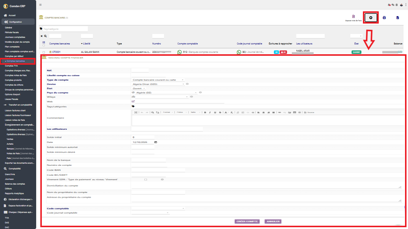 Interface Comptes bancaires dans le module Comptabilité générale sous Comdev ERP
