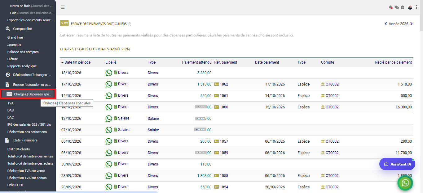 Interface Espace des paiements particuliers - Charges et dépenses spéciales dans le module Comptabilité générale sous Comdev ERP