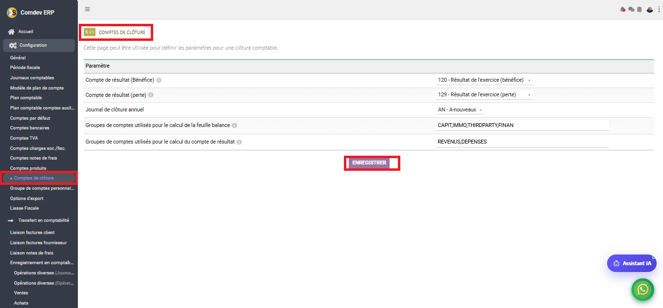 Interface Comptes de clôture dans le module Comptabilité générale sous Comdev ERP