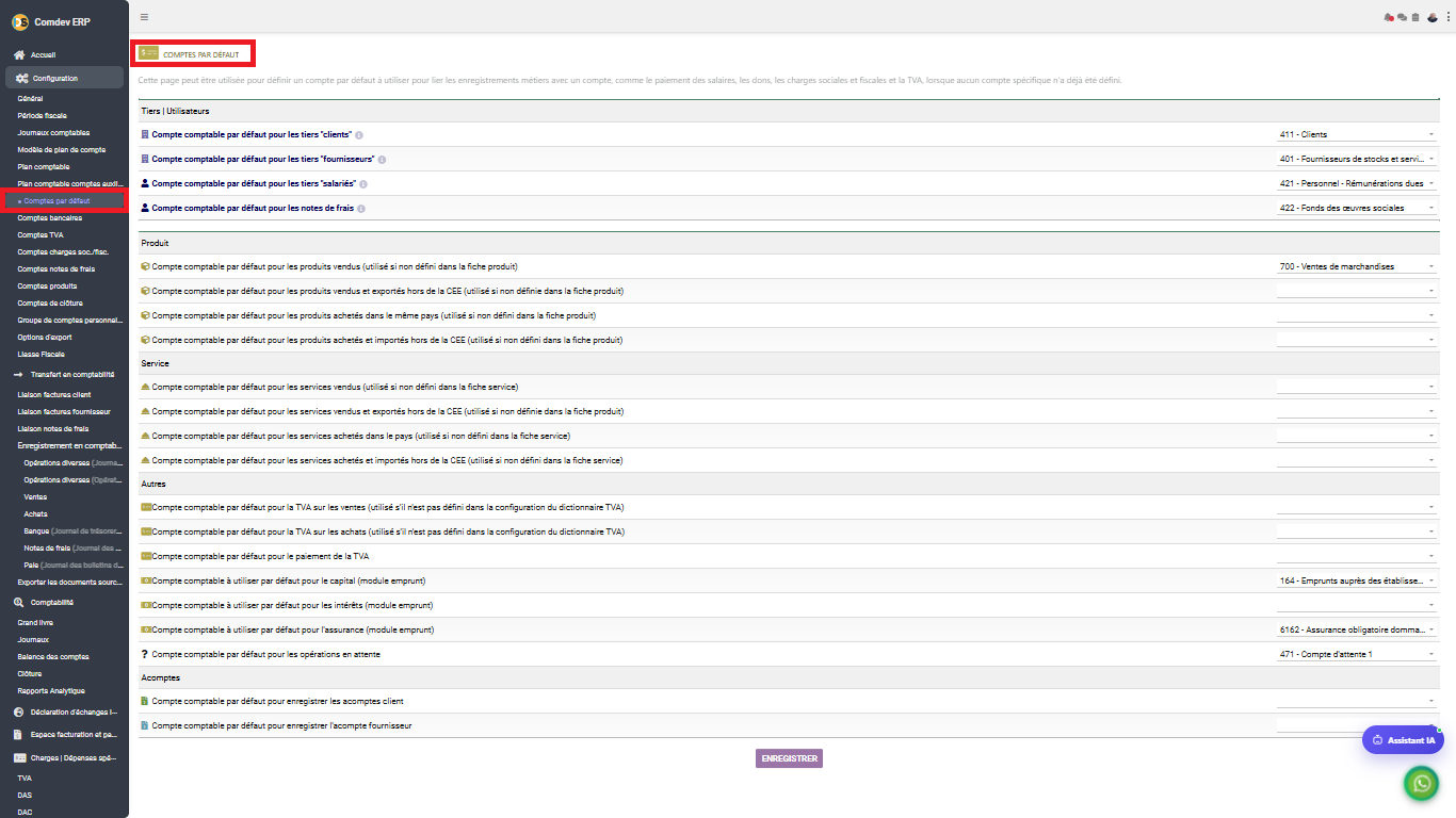 Interface Comptes par défaut dans le module Comptabilité générale sous Comdev ERP
