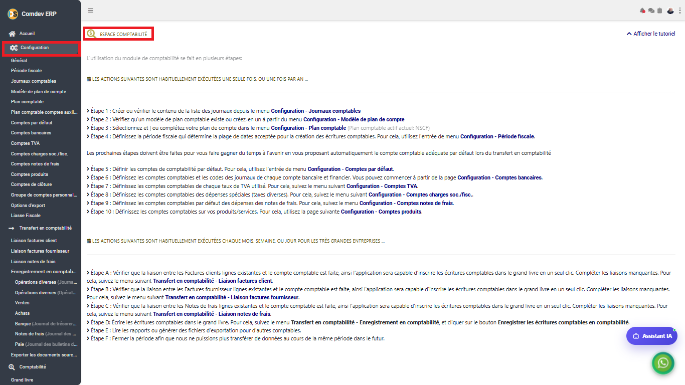 Interface Espace Comptabilité Configuration dans Comdev ERP