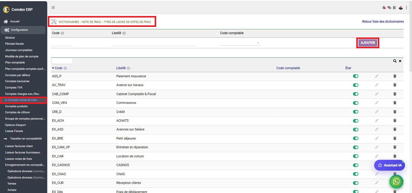 Interface Comptes notes de frais dans le module Comptabilité générale sous Comdev ERP