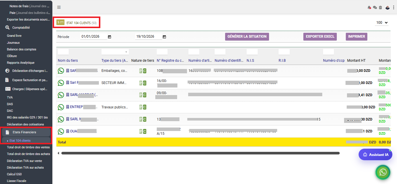 Interface Etat 104 clients dans le module Comptabilité générale sous Comdev ERP