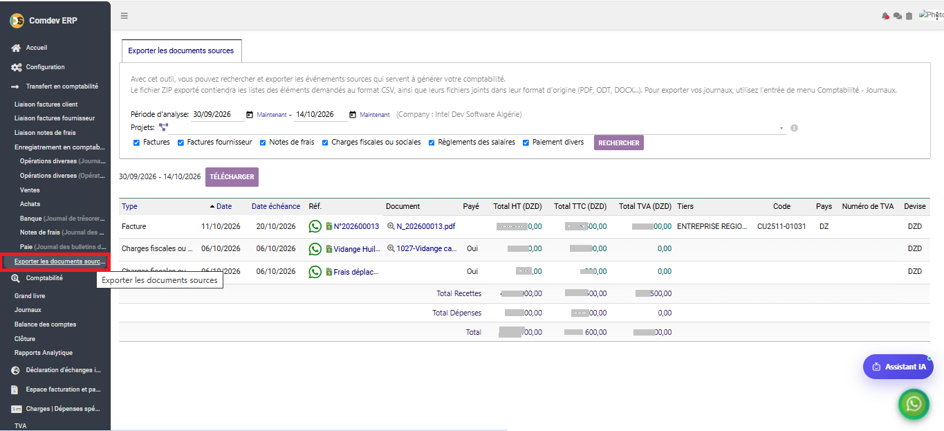 Interface Exporter les documents sources dans le module Comptabilité générale sous Comdev ERP