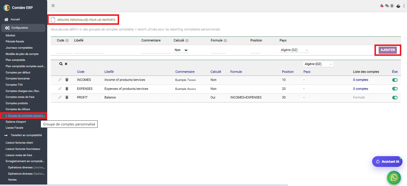 Interface Groupe de comptes personnalisés dans le module Comptabilité générale sous Comdev ERP
