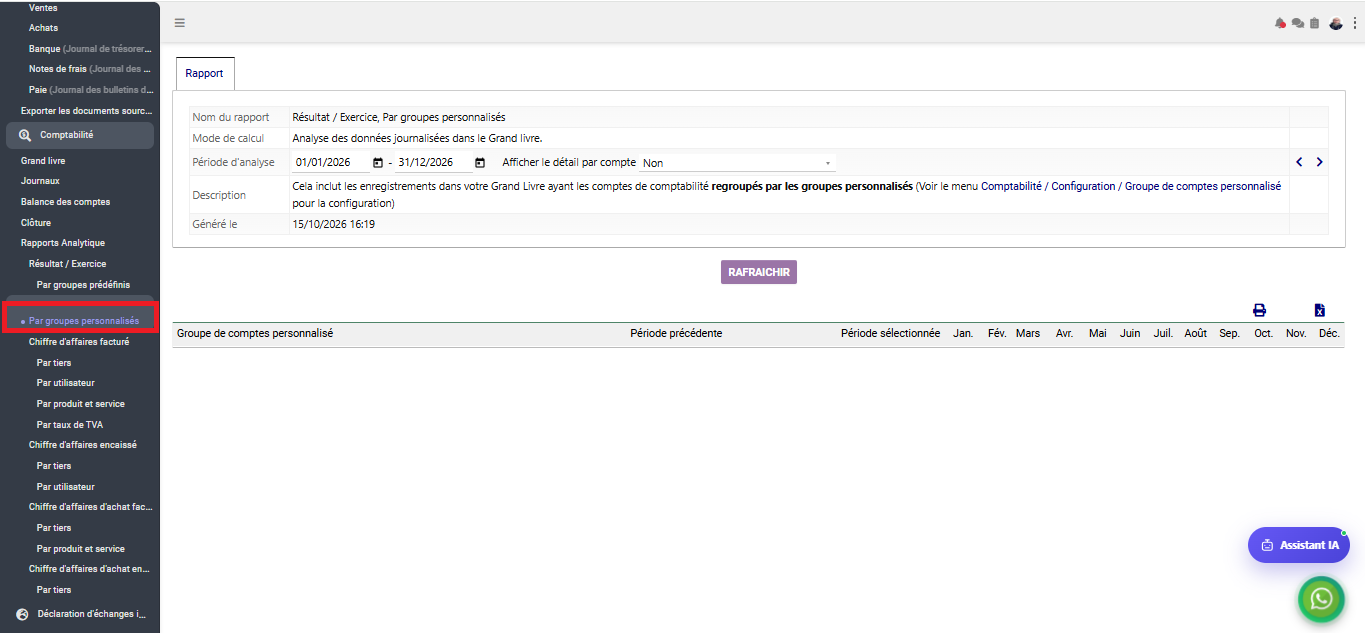 Interface Rapports analytiques Résultat par groupes personnalisés dans le module Comptabilité générale sous Comdev ERP