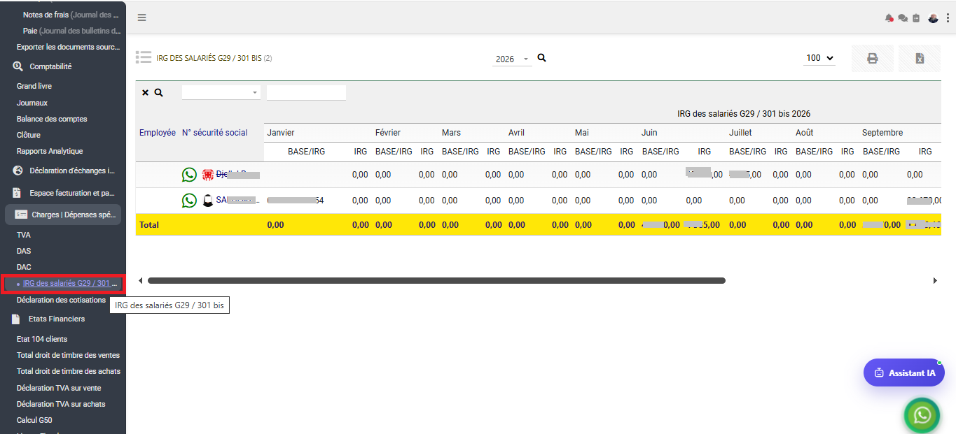Interface IRG des salariés G29 / 301 bis dans le module Comptabilité générale sous Comdev ERP