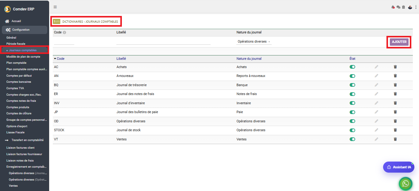 Interface Journaux comptables dans le module Comptabilité générale sous Comdev ERP