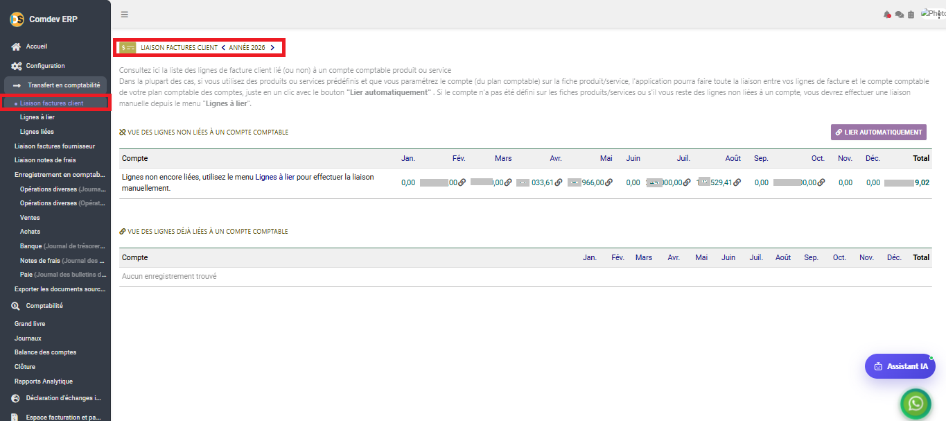 Interface Liaison factures client dans le module Comptabilité générale sous Comdev ERP