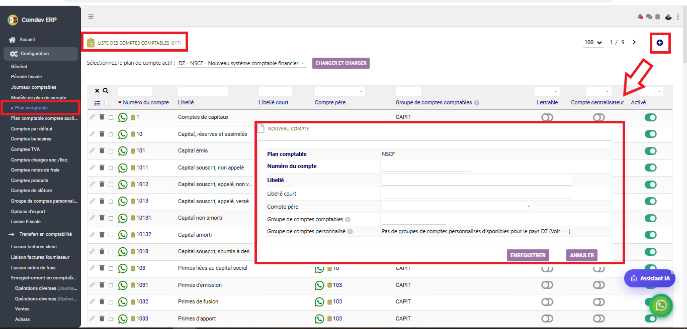 Interface Plan comptable et liste des comptes dans le module Comptabilité générale sous Comdev ERP