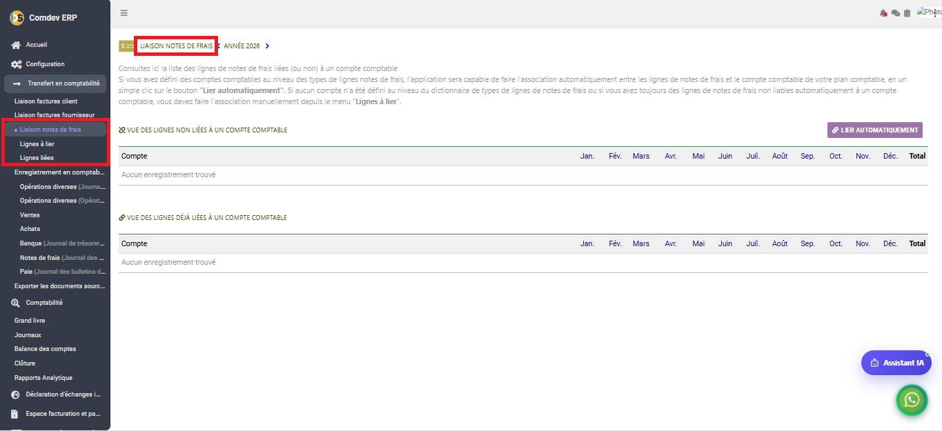 Interface Liaison notes de frais dans le module Comptabilité générale sous Comdev ERP