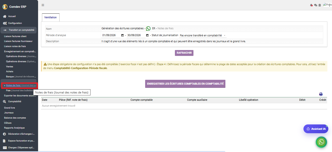 Interface Enregistrement en comptabilité - Notes de frais ER dans le module Comptabilité générale sous Comdev ERP