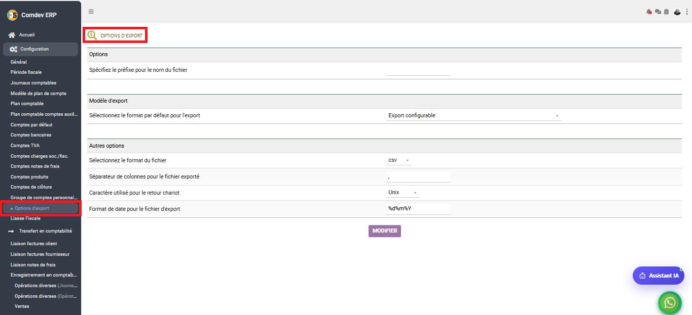 Interface Options d'export dans le module Comptabilité générale sous Comdev ERP