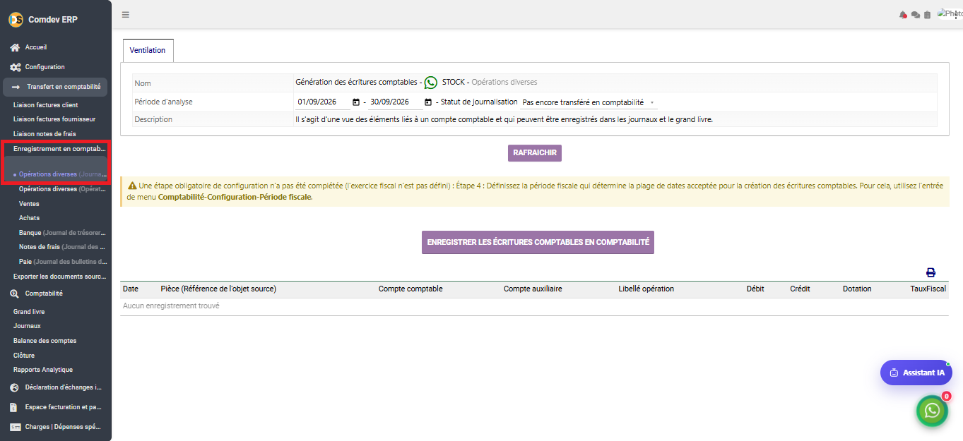 Interface Enregistrement en comptabilité - Opérations diverses Stock dans le module Comptabilité générale sous Comdev ERP