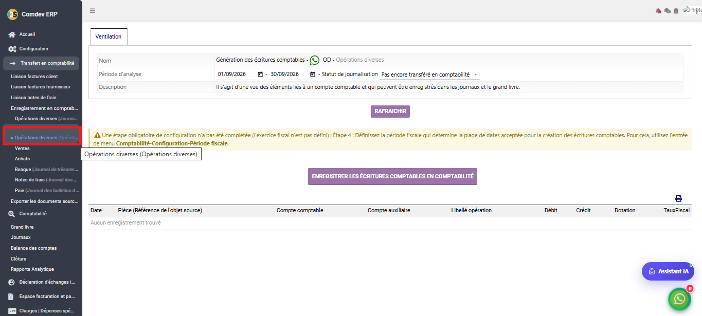 Interface Enregistrement en comptabilité - Opérations diverses OD dans le module Comptabilité générale sous Comdev ERP