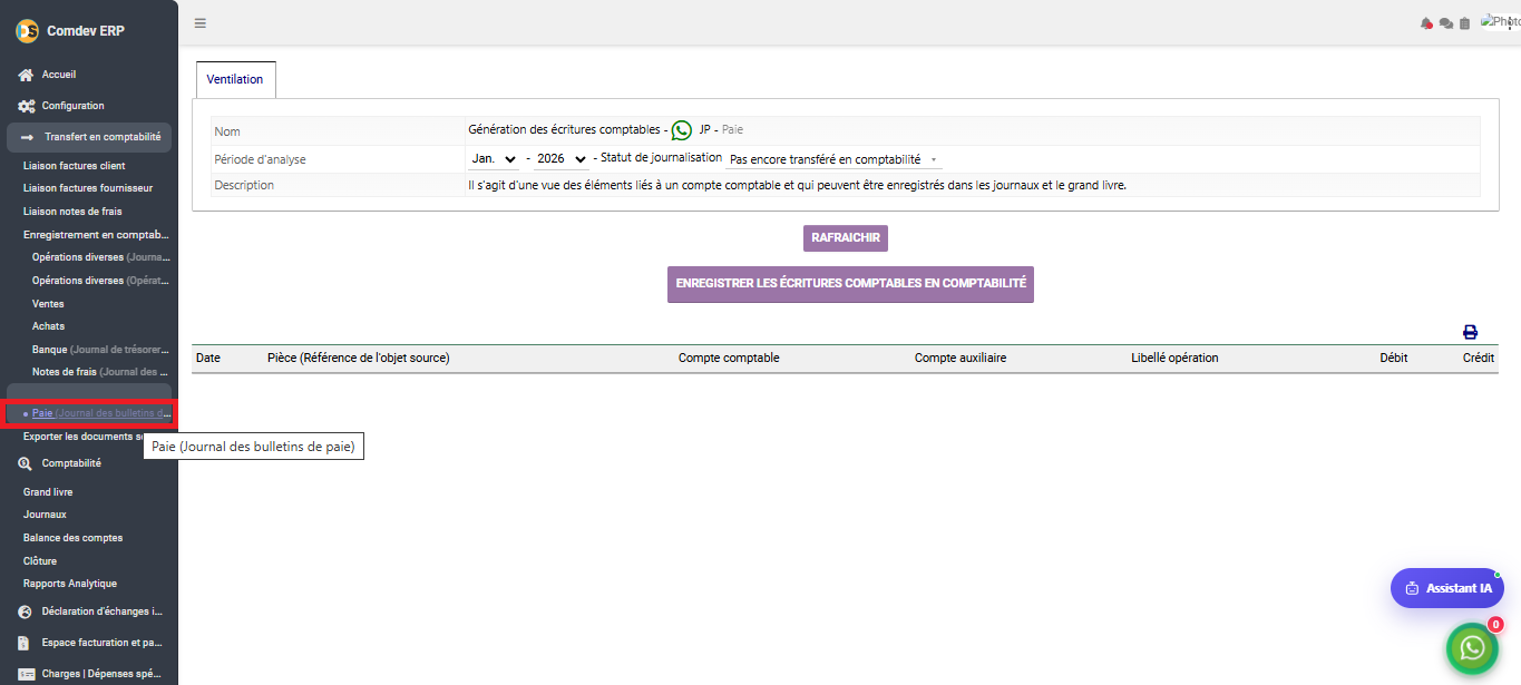 Interface Enregistrement en comptabilité - Paie Journal des bulletins de paie dans le module Comptabilité générale sous Comdev ERP