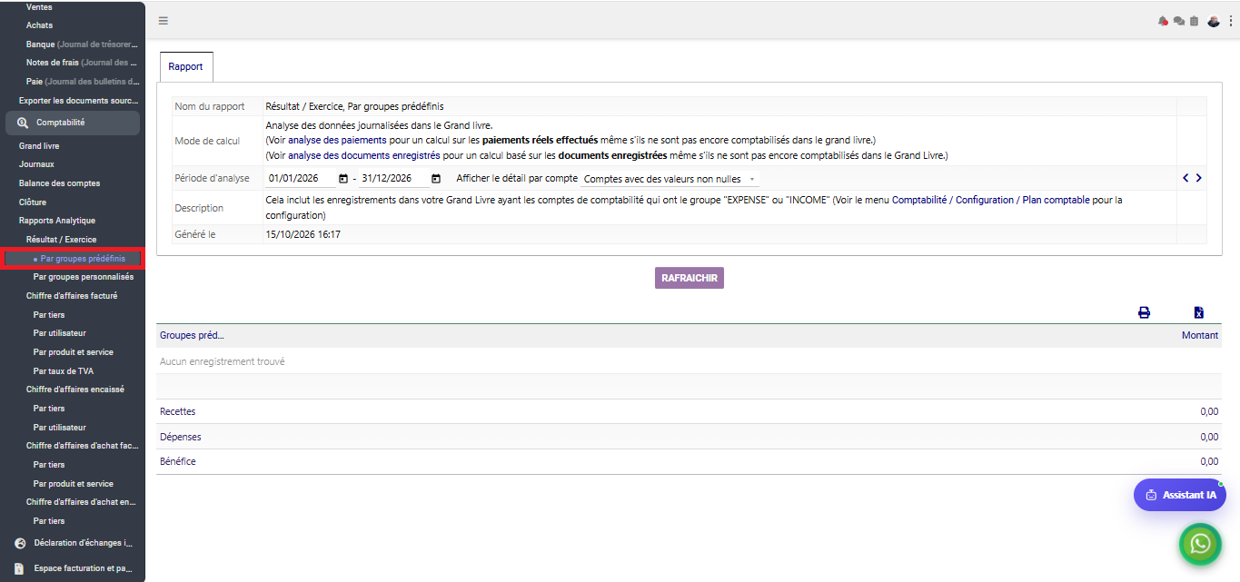 Interface Rapports analytiques Résultat par groupes prédéfinis dans le module Comptabilité générale sous Comdev ERP