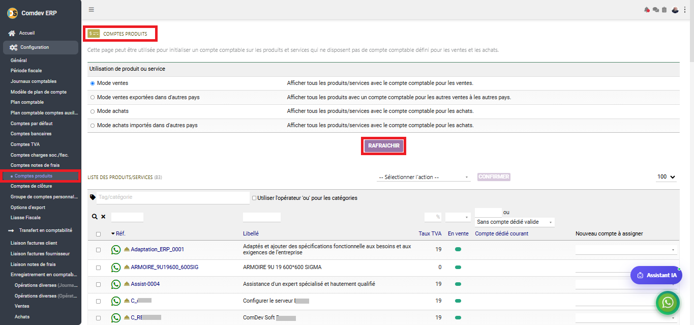 Interface Comptes produits dans le module Comptabilité générale sous Comdev ERP