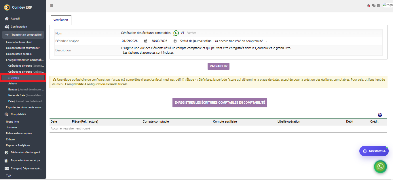 Interface Enregistrement en comptabilité - Ventes VT dans le module Comptabilité générale sous Comdev ERP