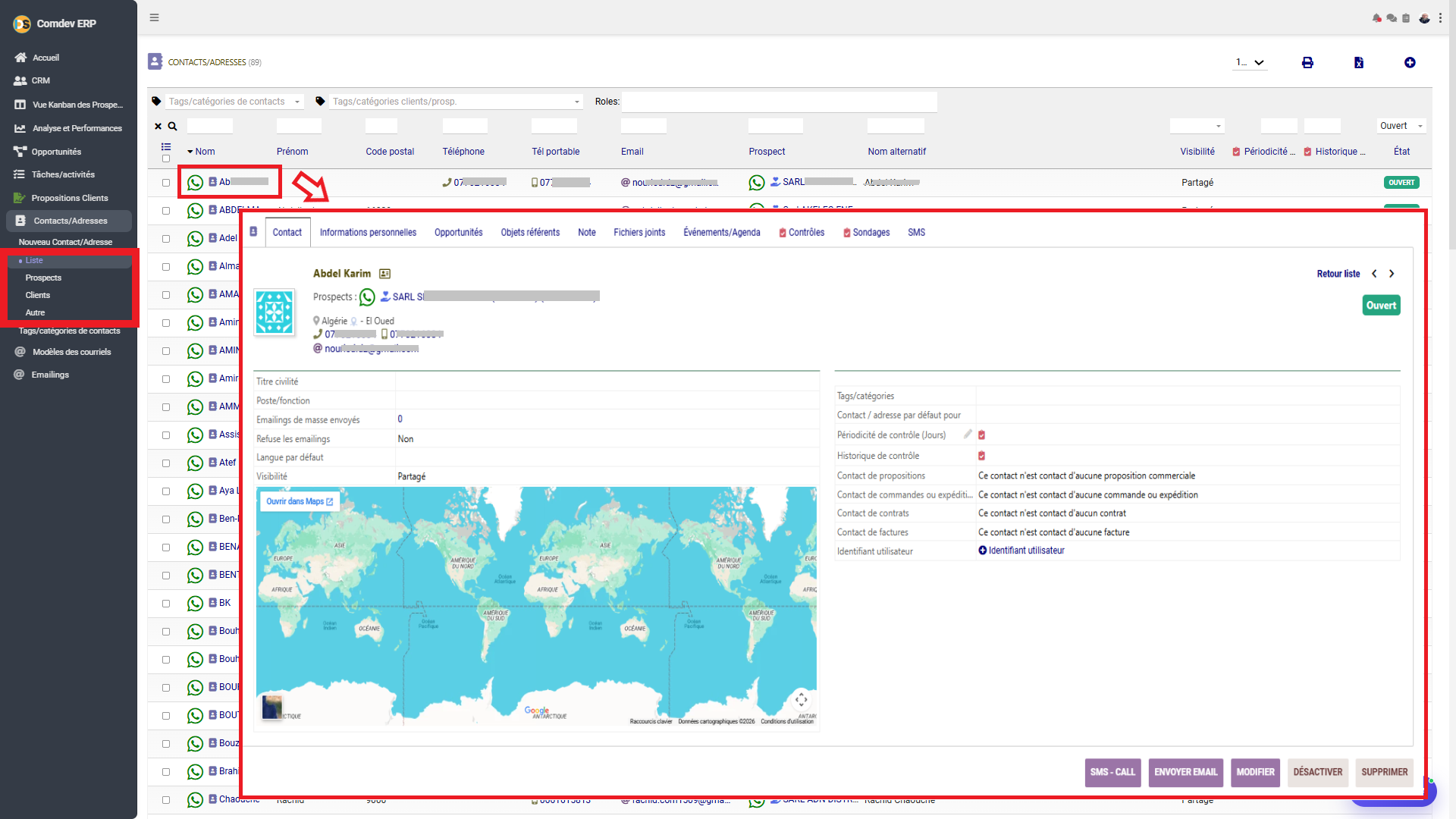 Liste et Fiche Contact/Adresse CRM Comdev ERP