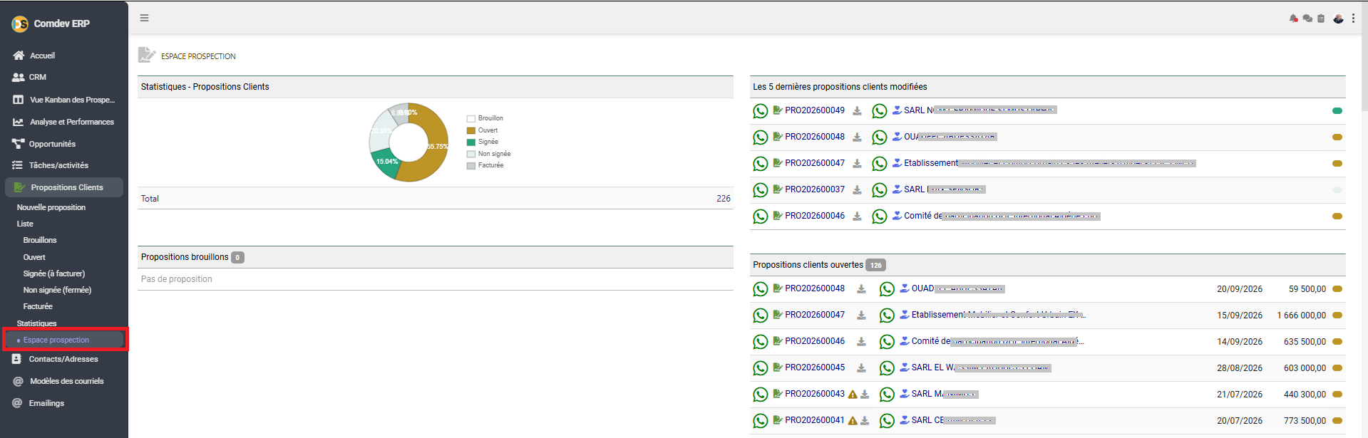 Espace Prospection CRM Comdev ERP