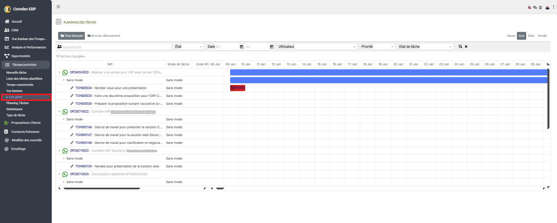 Vue Gantt des Tâches CRM Comdev ERP