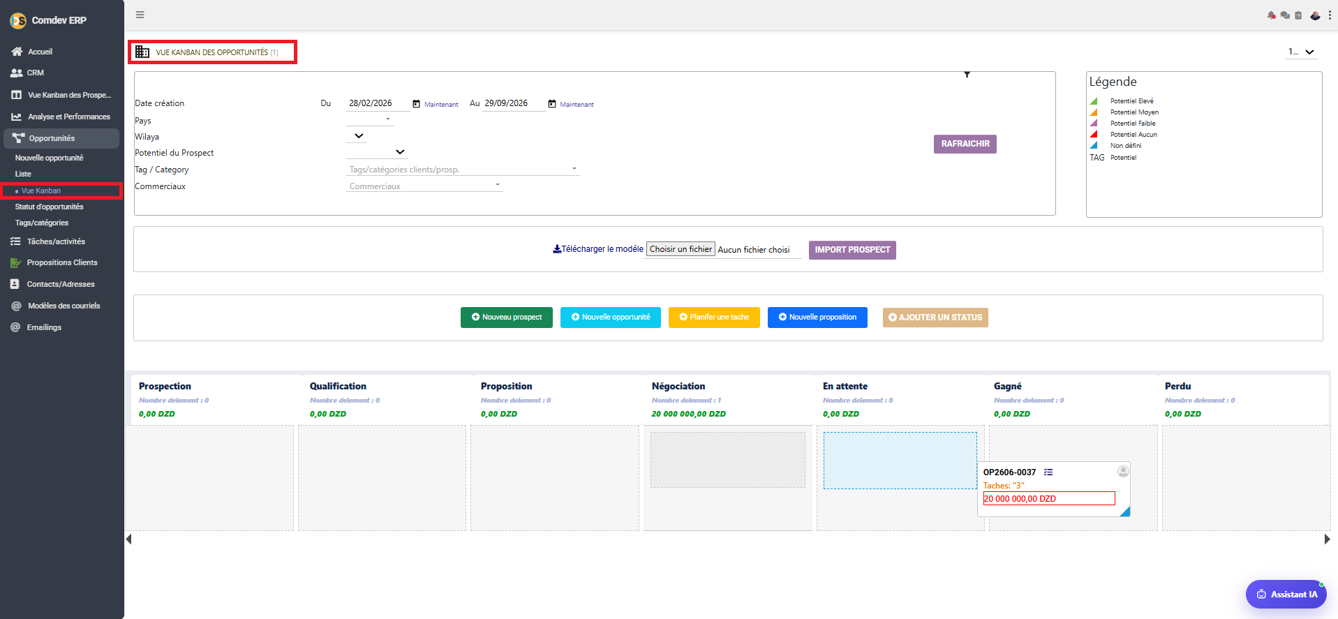 Vue Kanban des Opportunités CRM Comdev ERP