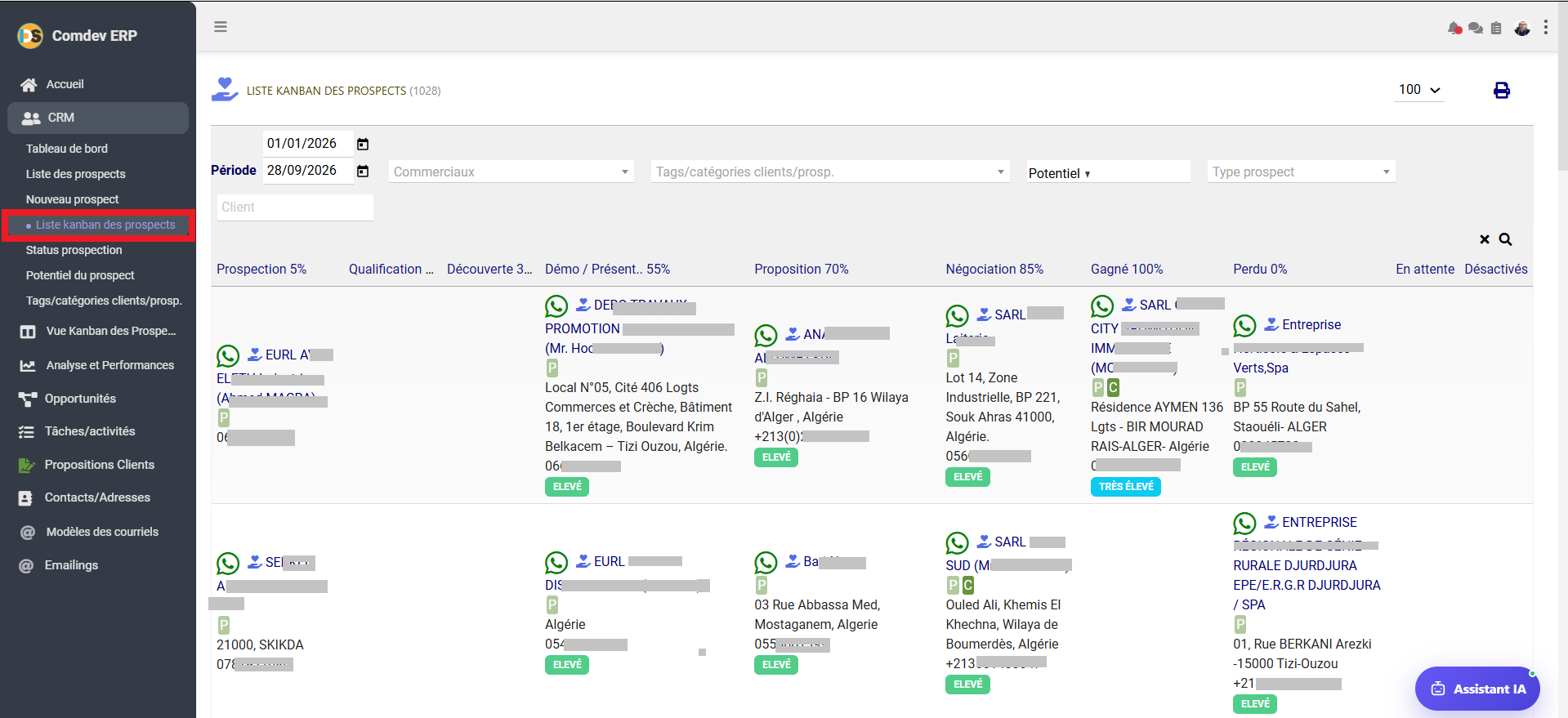 Liste Kanban des prospects Comdev ERP