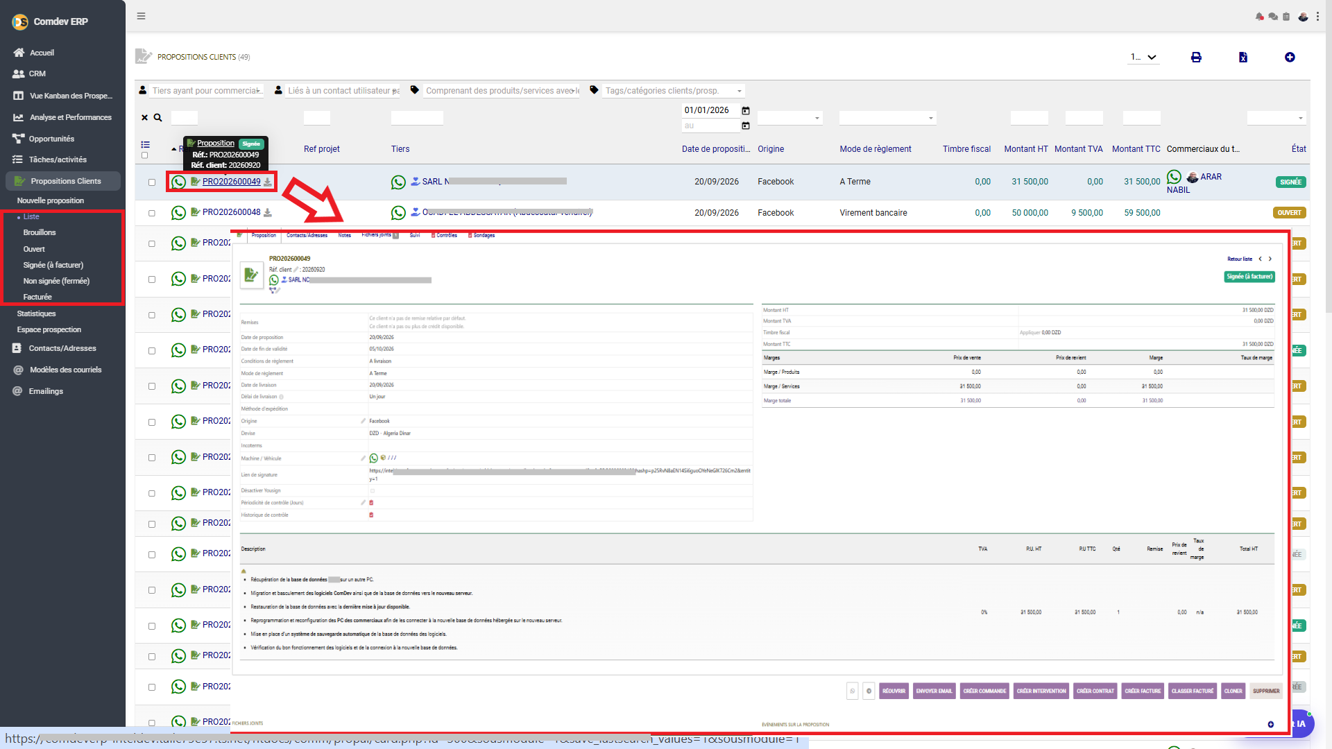 Liste et Fiche Proposition Client CRM Comdev ERP