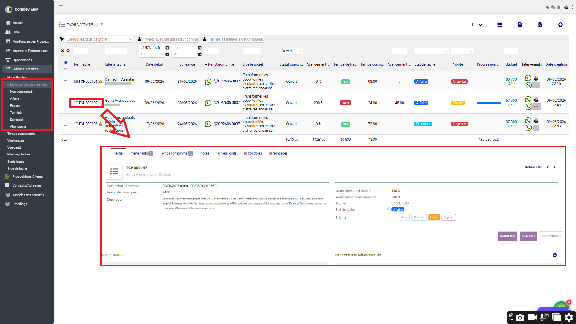 Liste des Tâches Planifiées et Fiche Tâche CRM Comdev ERP