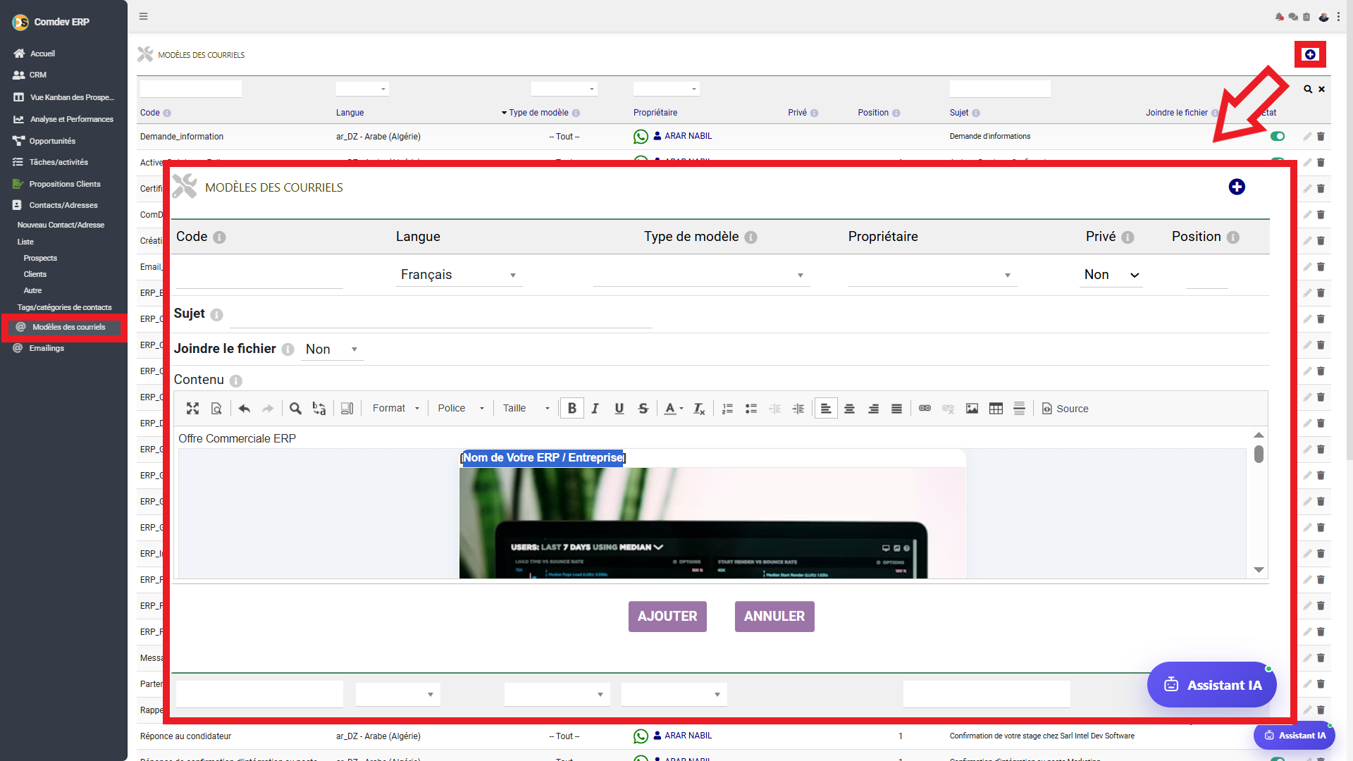 Gestion des Modèles de Courriels CRM Comdev ERP