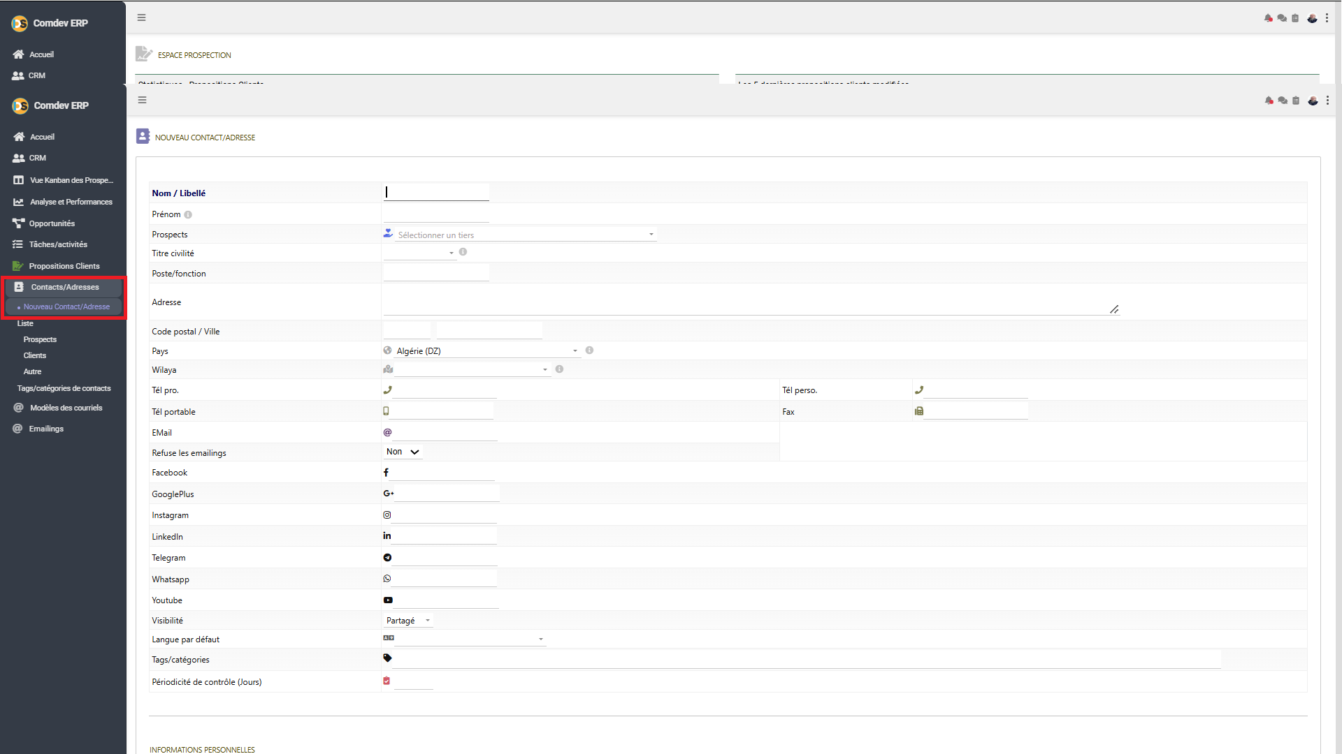 Nouveau Contact/Adresse CRM Comdev ERP