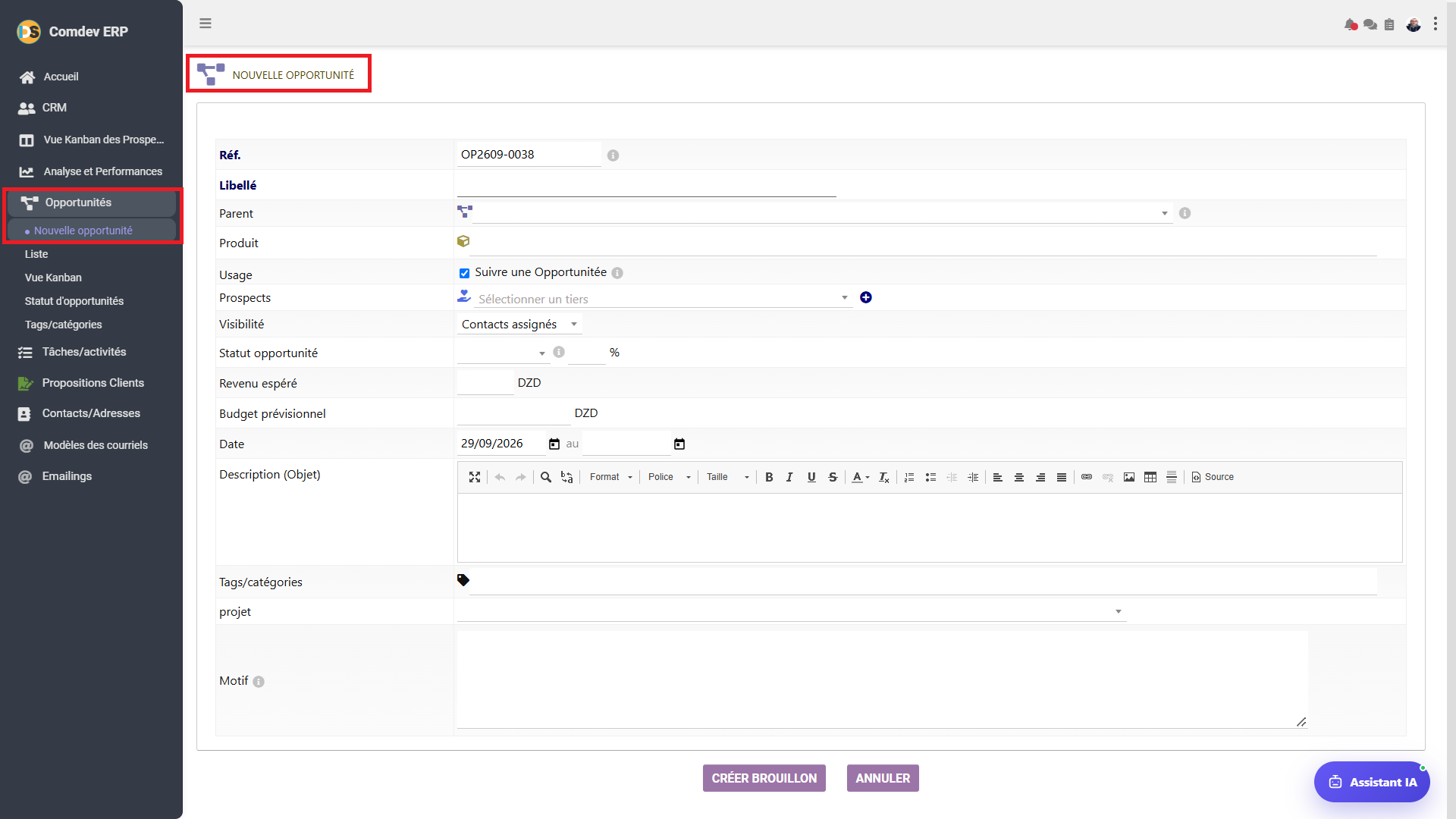 Nouvelle Opportunité CRM Comdev ERP